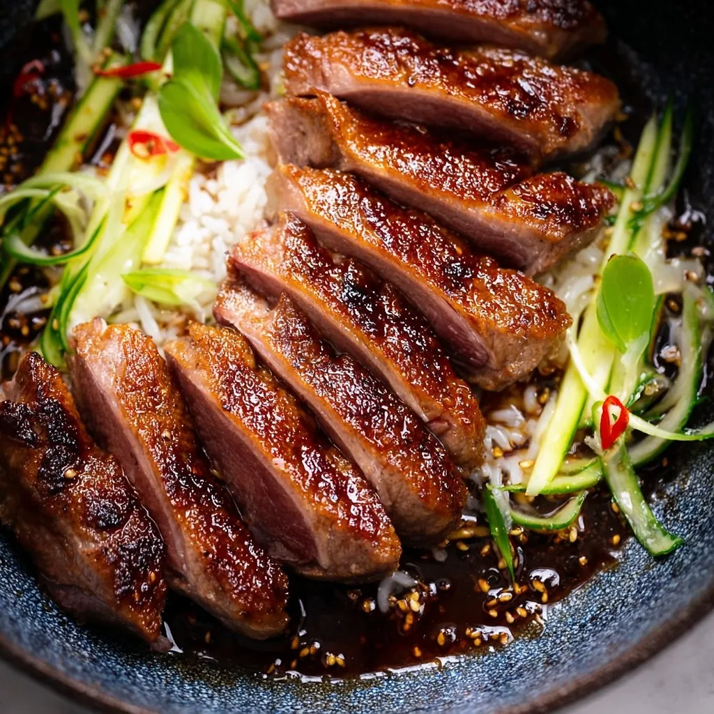 Perfectly seared Pan Seared Duck Breast with Honey-Soy glaze served professional style