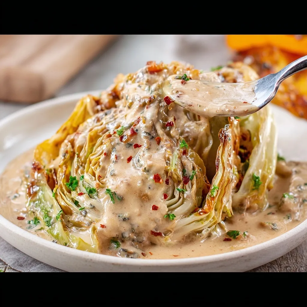 Marry Me Melting Cabbage with Creamy Tuscan Sauce 4 Perfectly seared Marry Me Melting Cabbage with Creamy Tuscan Sauce served professional style