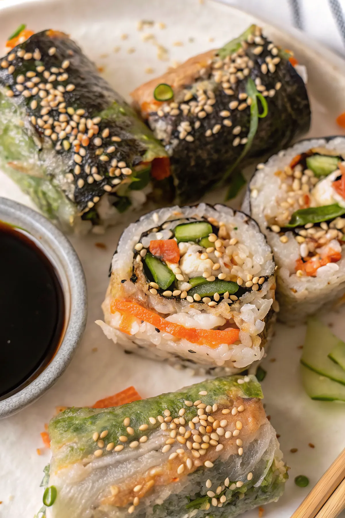 Rice Paper Sushi Rolls (Crispy, Easy & Gluten-Free) 4 Perfectly seared Rice Paper Sushi Rolls (Crispy, Easy & Gluten-Free) served professional style