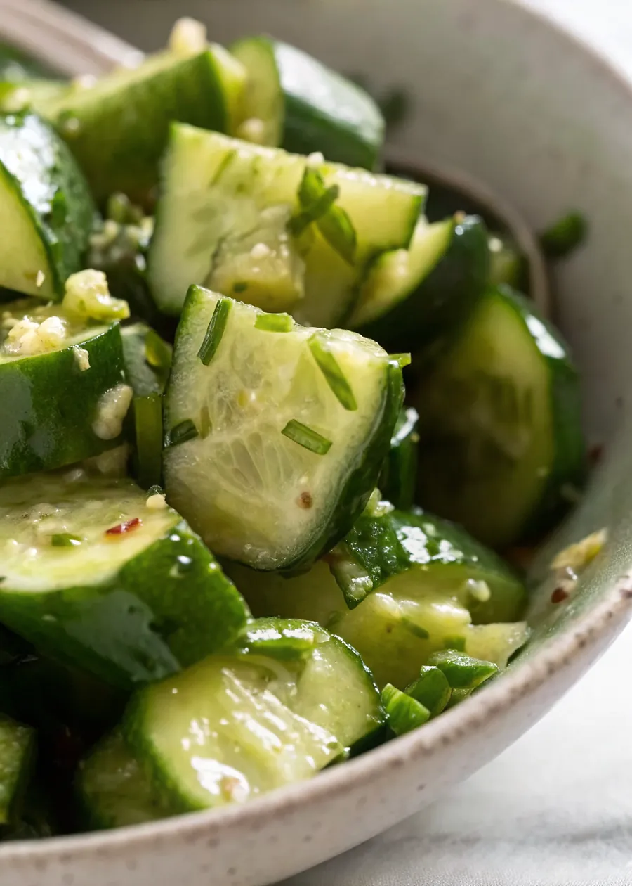 Perfectly seared Smashed Cucumber Salad served professional style