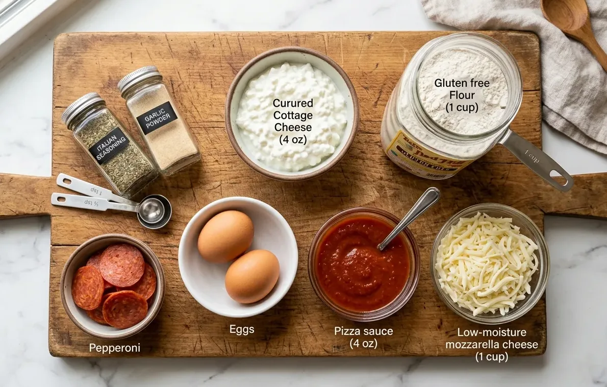 Cottage Cheese Flatbread Pizza: High-Protein 15-Minute Meal 2 Cottage Cheese Flatbread Pizza ingredients organized for rapid prep on a dark wood board