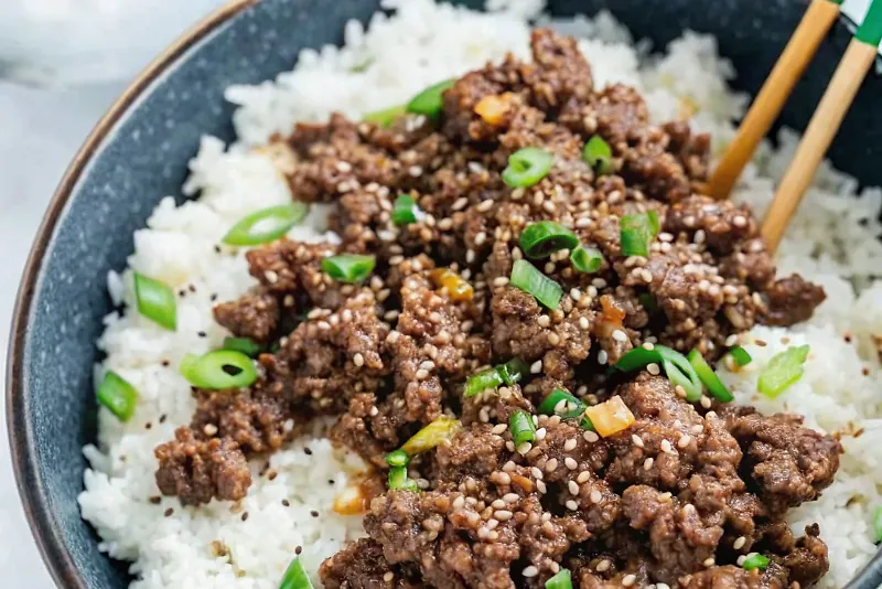Perfectly seared Korean Ground Beef and Rice Bowls served professional style