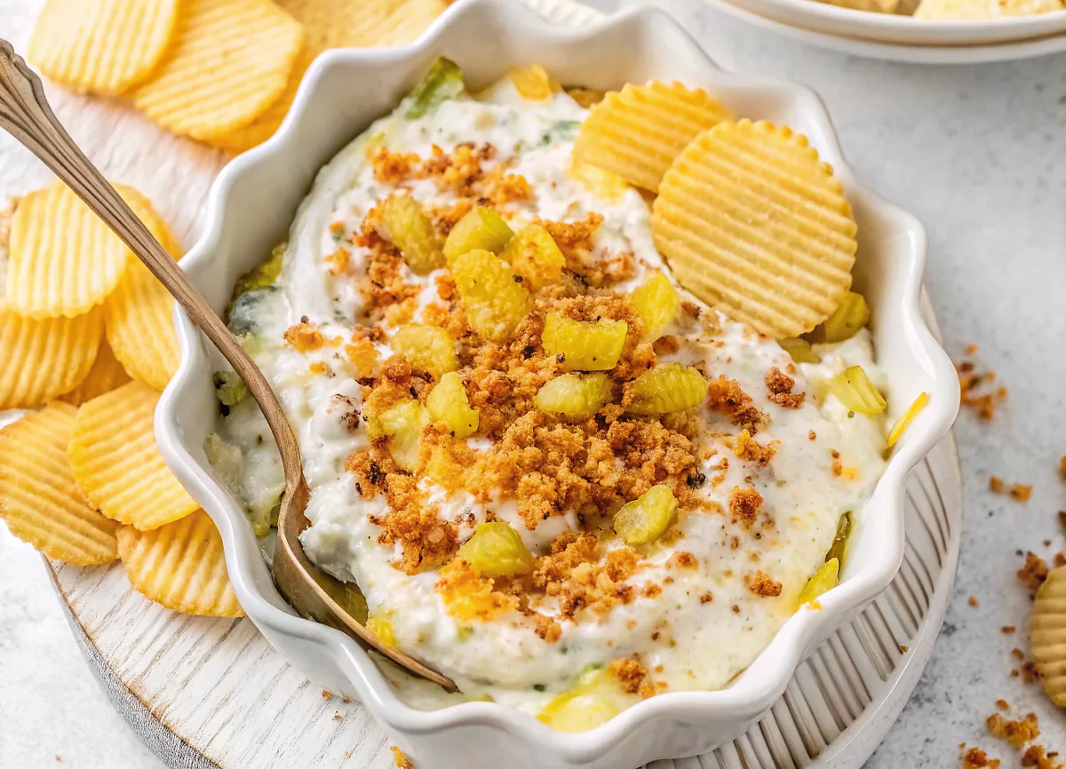 Perfectly seared High-Protein Fried Pickle Dip served professional style