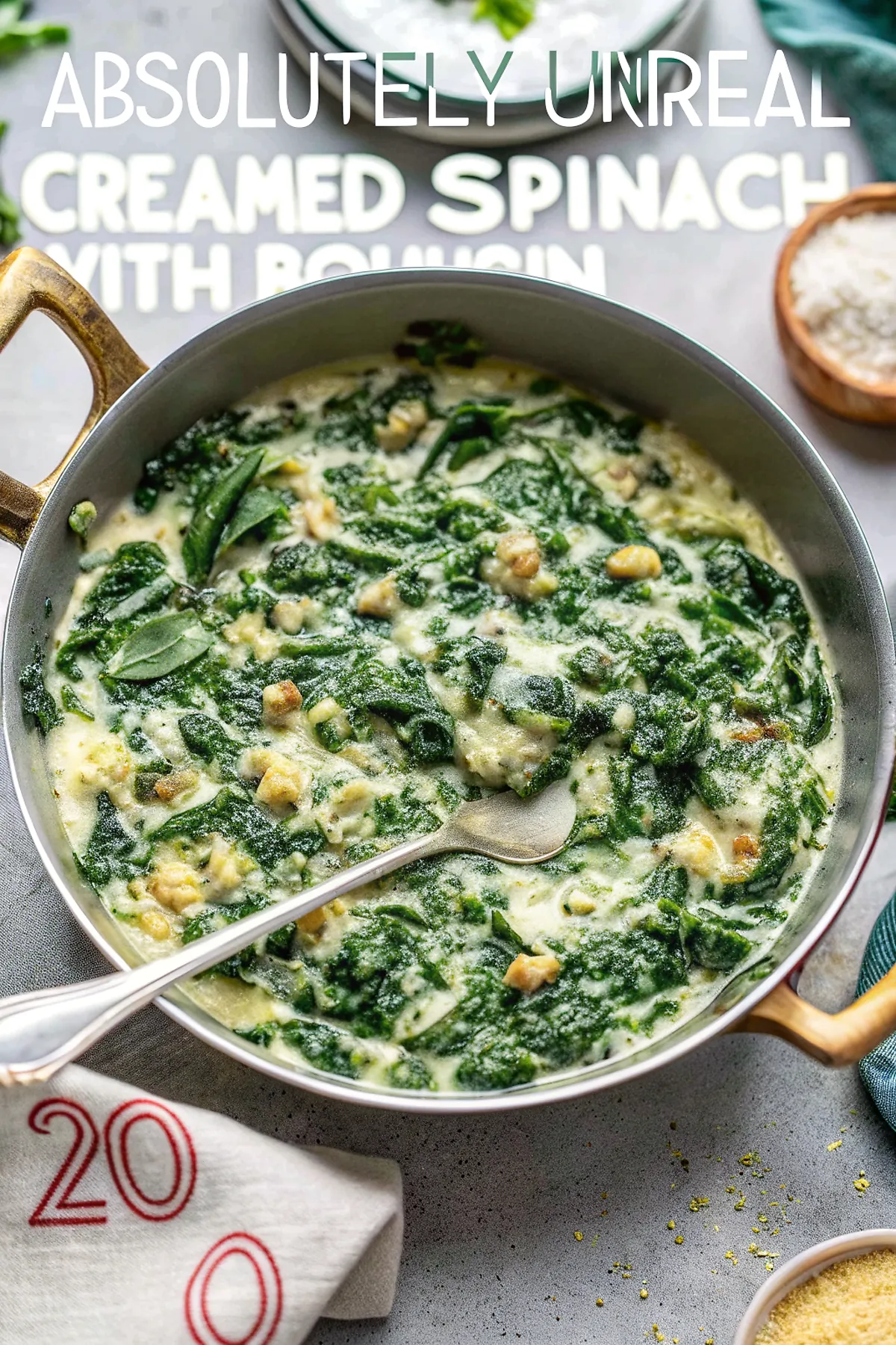 Perfectly seared Absolutely Unreal Creamed Spinach with Boursin (20 Minutes) served professional style