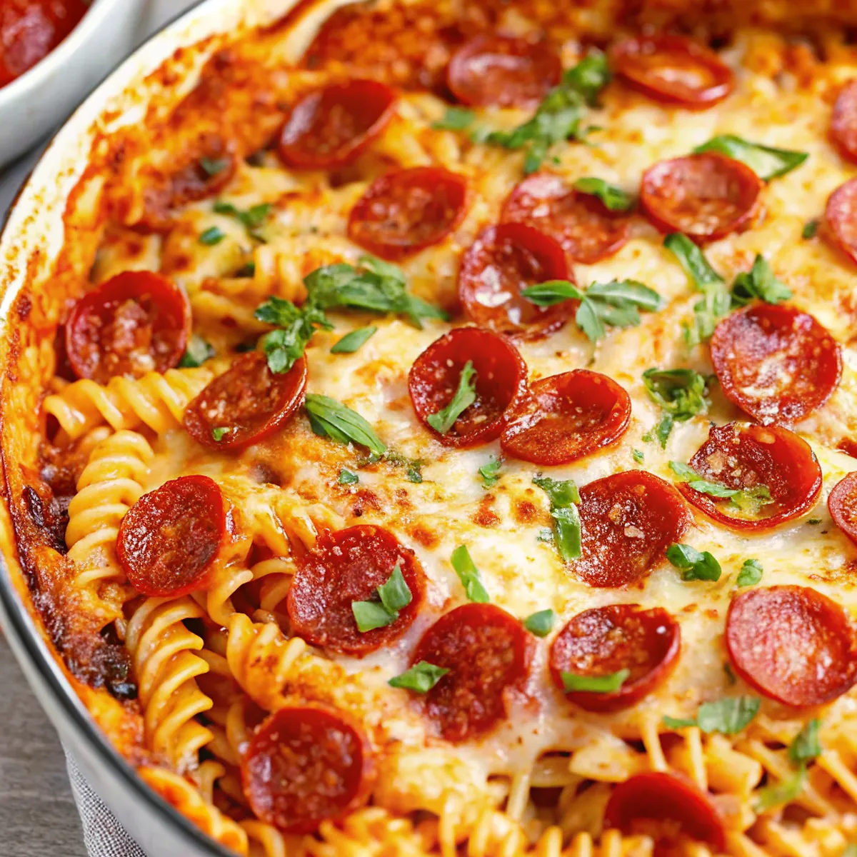 Perfectly seared Viral Cottage Cheese Pizza Bowl Pasta served professional style