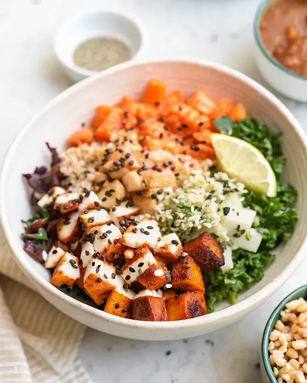 Perfectly seared Korean-Inspired Vegan Buddha Bowl served professional style