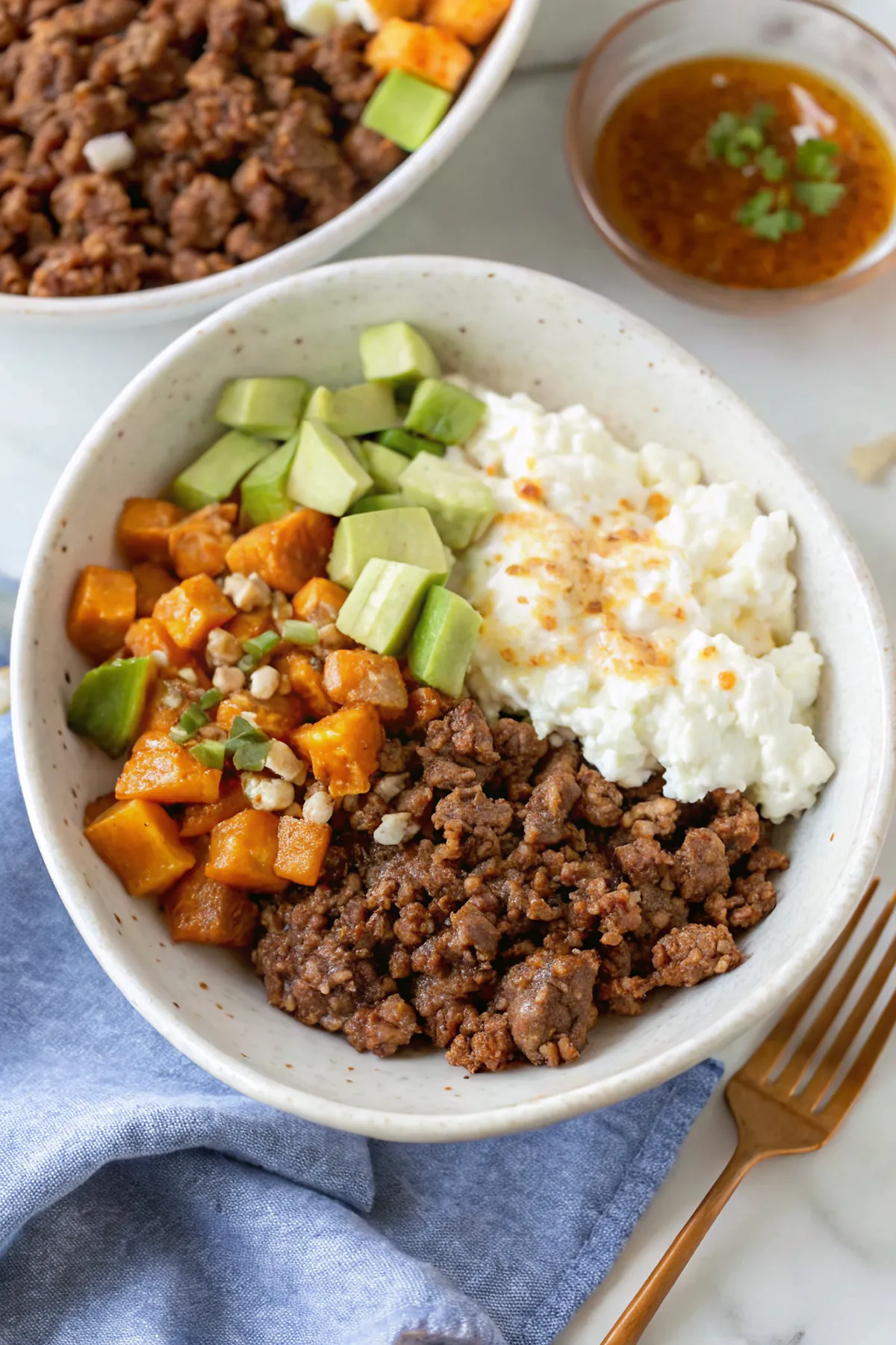Ground Beef Cottage Cheese Bowls - Viral TikTok Recipe 4 Perfectly seared Ground Beef Cottage Cheese Bowls served professional style