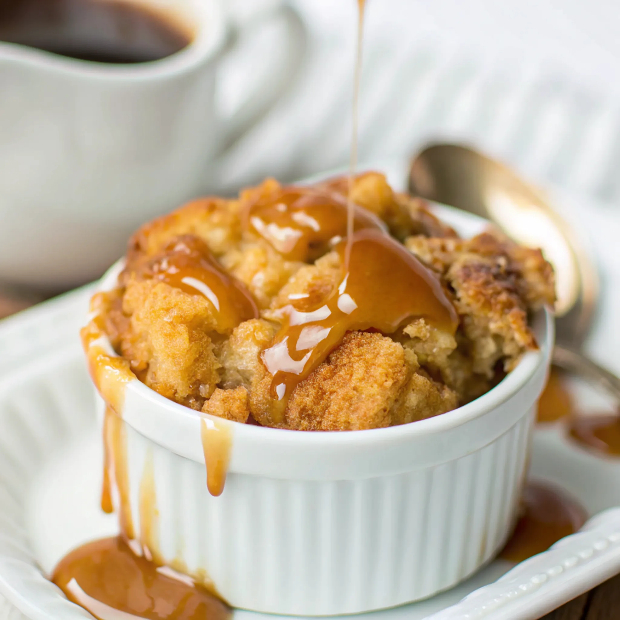 Perfectly seared Salted Caramel Croissant Bread Pudding served professional style