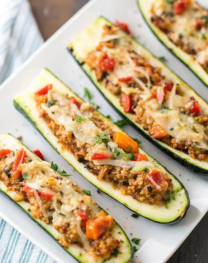 Grilled Vegetarian Stuffed Zucchini - Perfect Char & Flavor 4 Perfectly seared Grilled Vegetarian Stuffed Zucchini served professional style