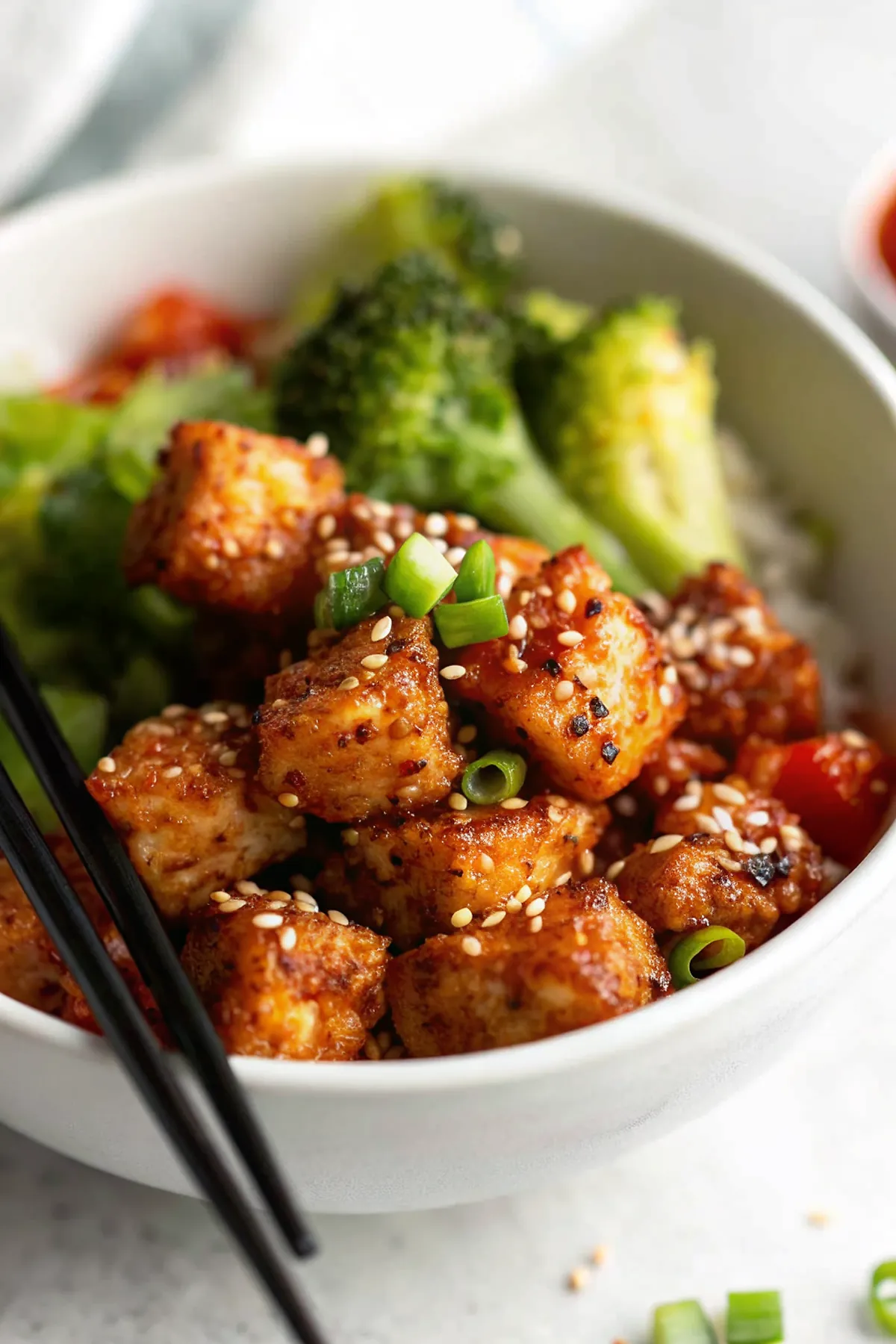 Perfectly seared Chili Garlic Crispy Tofu served professional style
