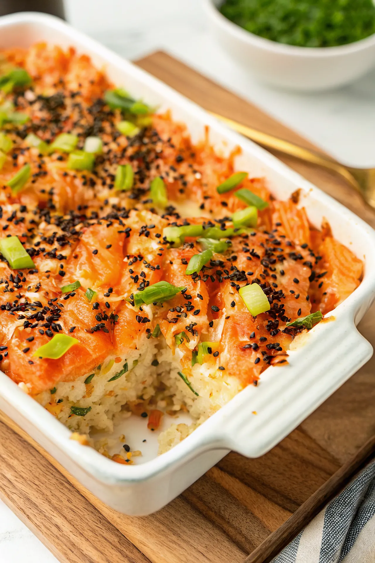 Perfectly seared Salmon Sushi Bake (Viral Recipe) served professional style