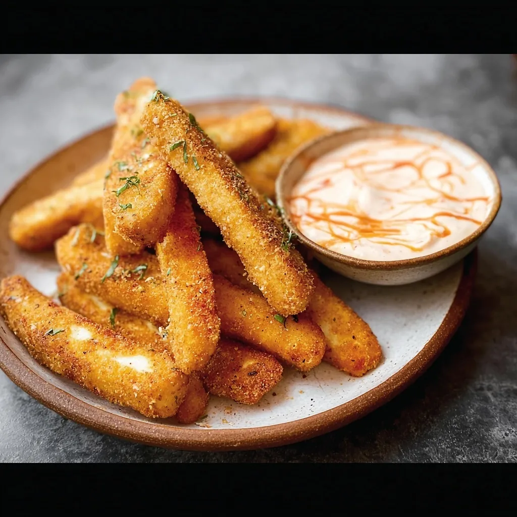 Perfectly seared Halloumi Fries with Harissa Yogurt served professional style