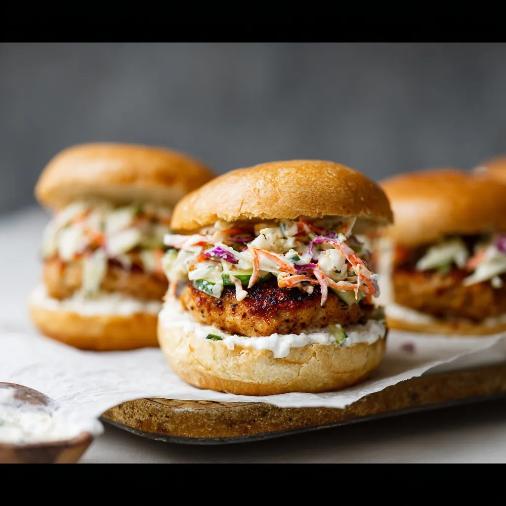 Perfectly seared Korean-Inspired Chicken Burgers with Pickle Slaw & Garlic Mayo served professional style
