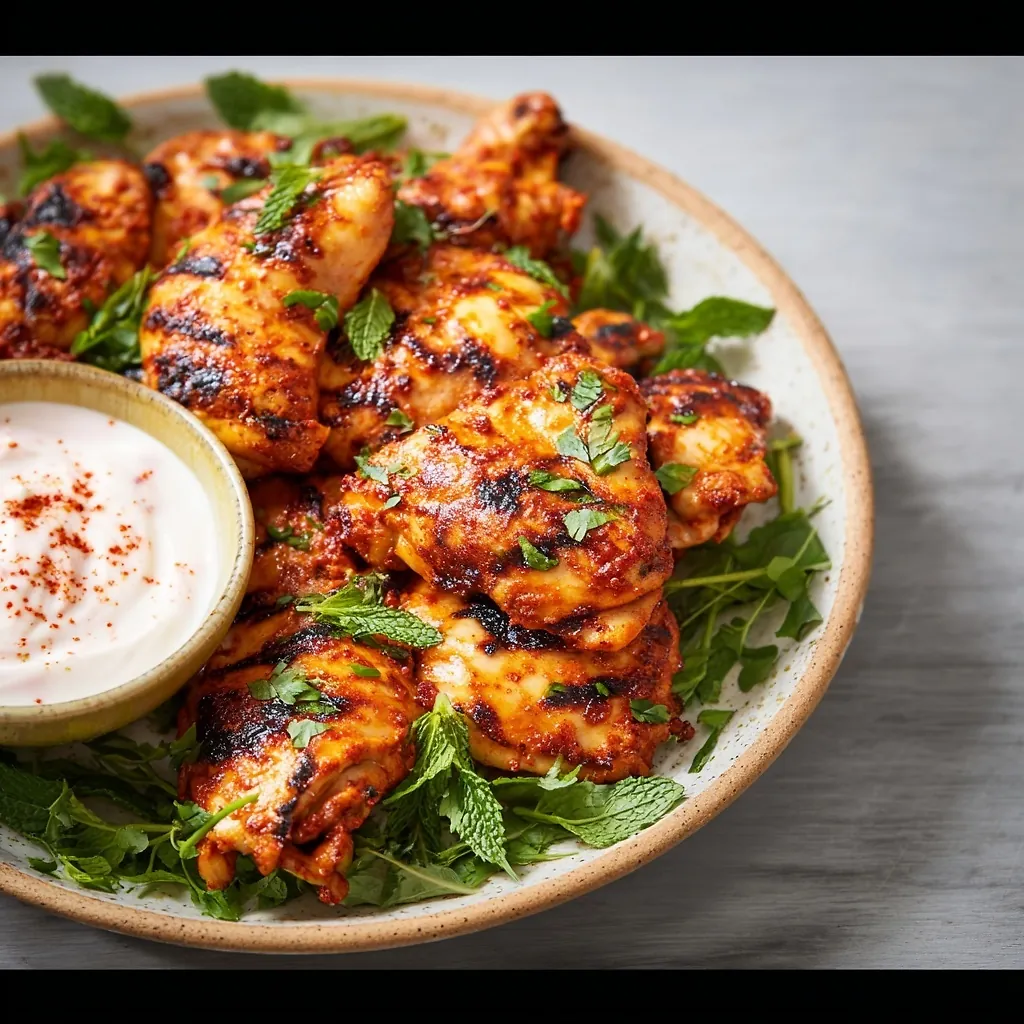 Perfectly seared Harissa Grilled Chicken Thighs with Yogurt Dip served professional style
