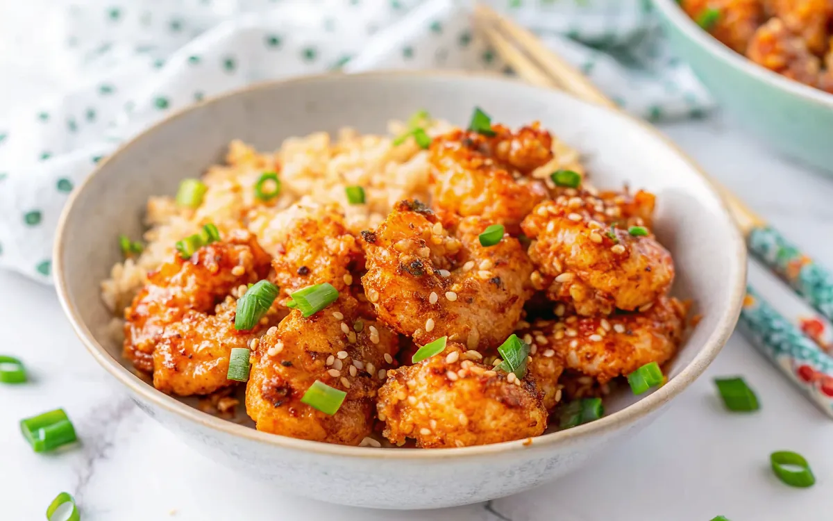 Perfectly seared Air Fryer Bang Bang Shrimp served professional style