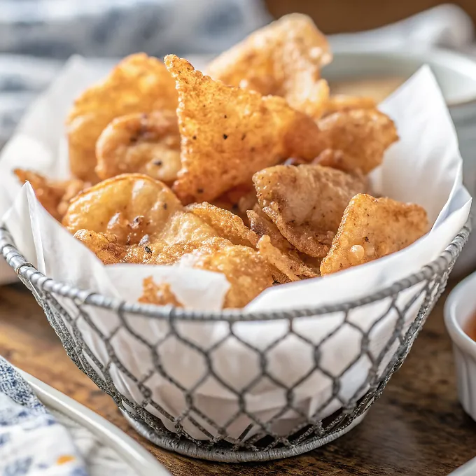 Perfectly seared Oven Fried Chicken Skin Cracklings (Chicharrones) served professional style