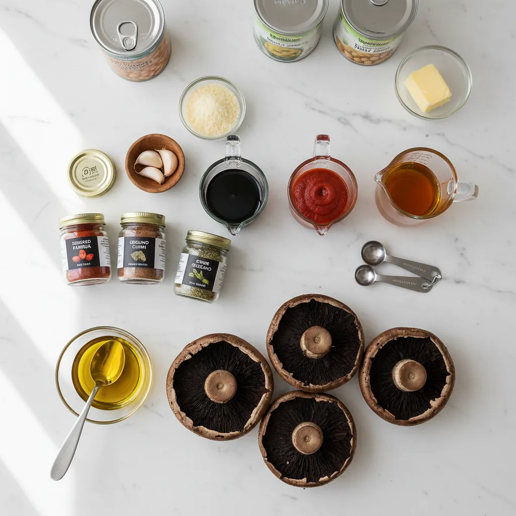 Balsamic Portobello Steaks with Butter Bean Mash ingredients organized for rapid prep on a dark wood board