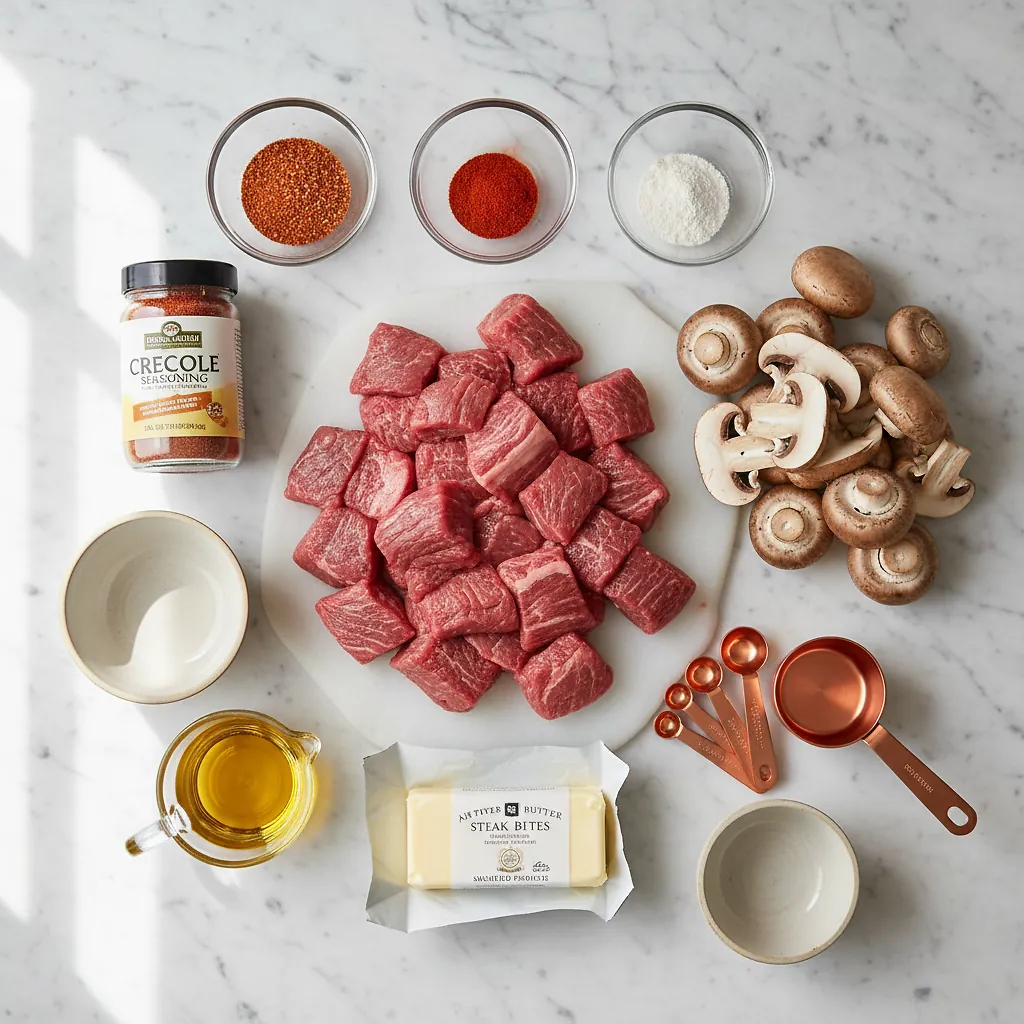 Air Fryer Cajun Butter Steak Bites with Mushrooms ingredients organized for rapid prep on a dark wood board