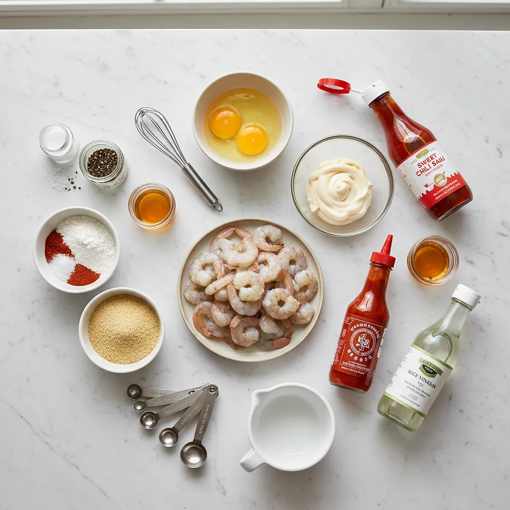 Air Fryer Bang Bang Shrimp ingredients organized for rapid prep on a dark wood board