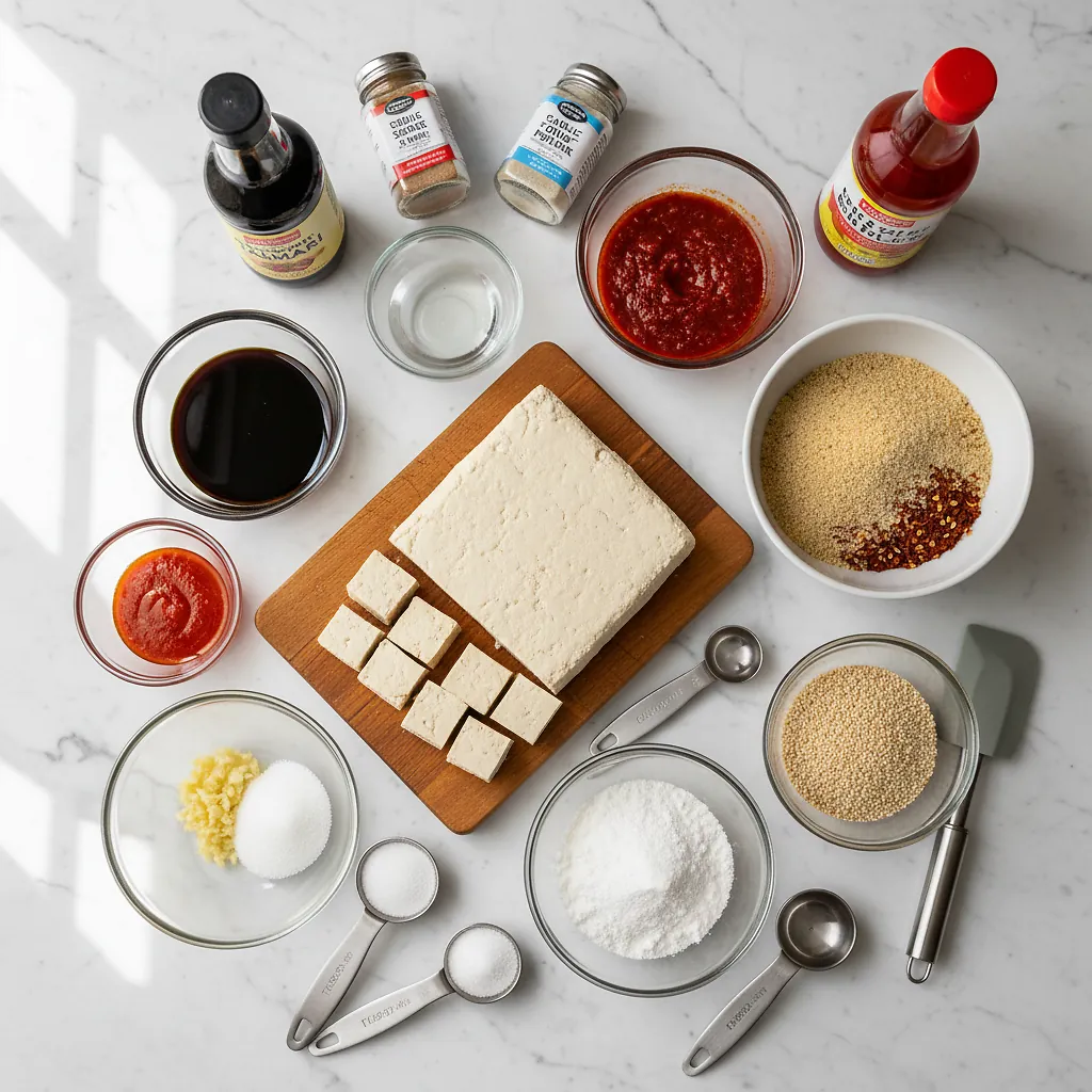 Chili Garlic Crispy Tofu ingredients organized for rapid prep on a dark wood board