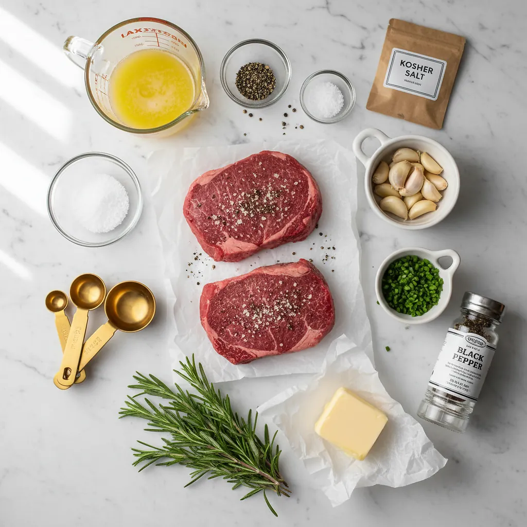 Perfect Air Fryer Filet Mignon - Seared in 20 Minutes 2 Perfect Air Fryer Filet Mignon ingredients organized for rapid prep on a dark wood board