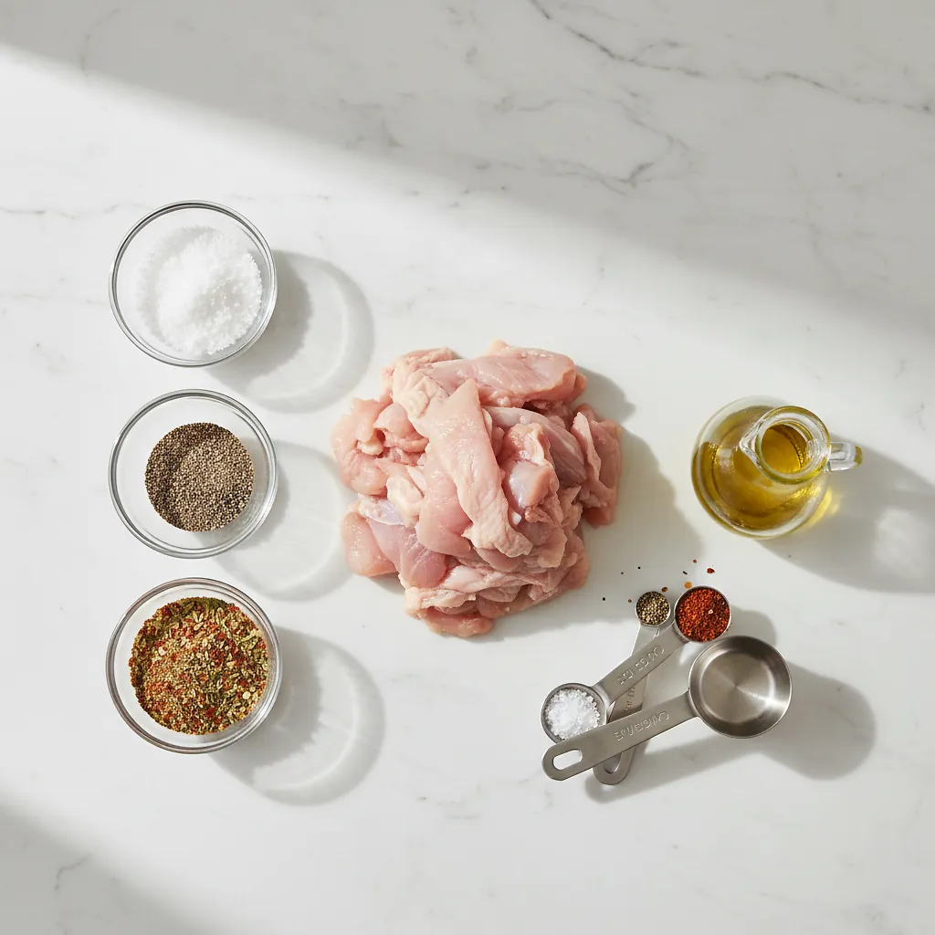 Oven Fried Chicken Skin Cracklings (Chicharrones) ingredients organized for rapid prep on a dark wood board
