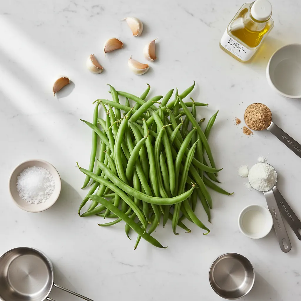 Blistered Garlic Green Beans ingredients organized for rapid prep on a dark wood board