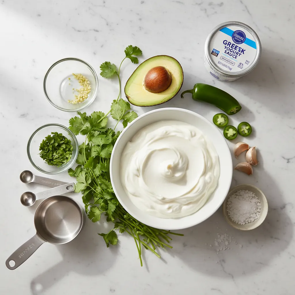 Cilantro Yogurt Sauce ingredients organized for rapid prep on a dark wood board