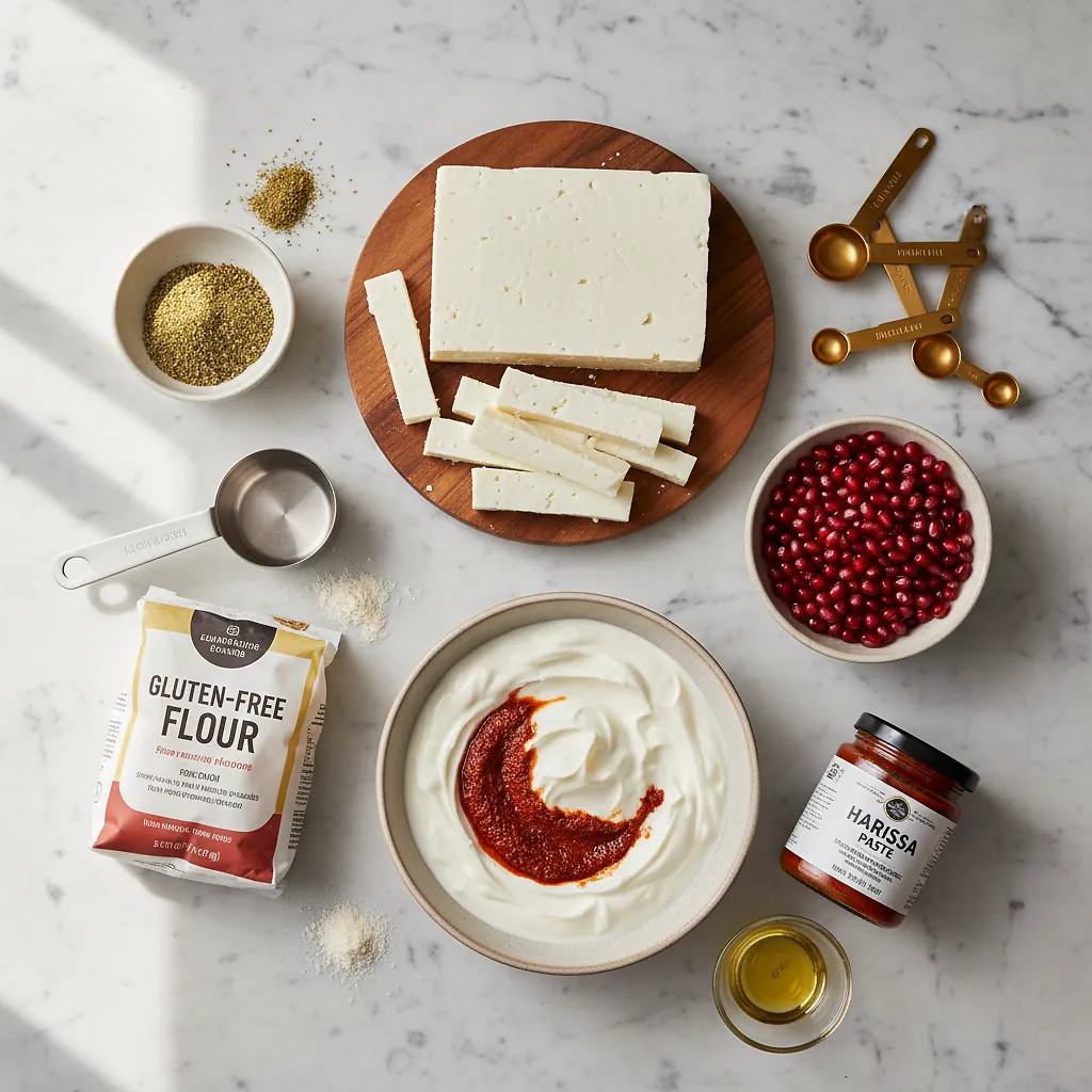 Halloumi Fries with Harissa Yogurt ingredients organized for rapid prep on a dark wood board