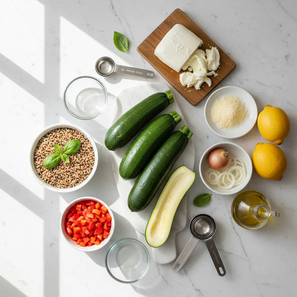 Grilled Vegetarian Stuffed Zucchini - Perfect Char & Flavor 2 Grilled Vegetarian Stuffed Zucchini ingredients organized for rapid prep on a dark wood board