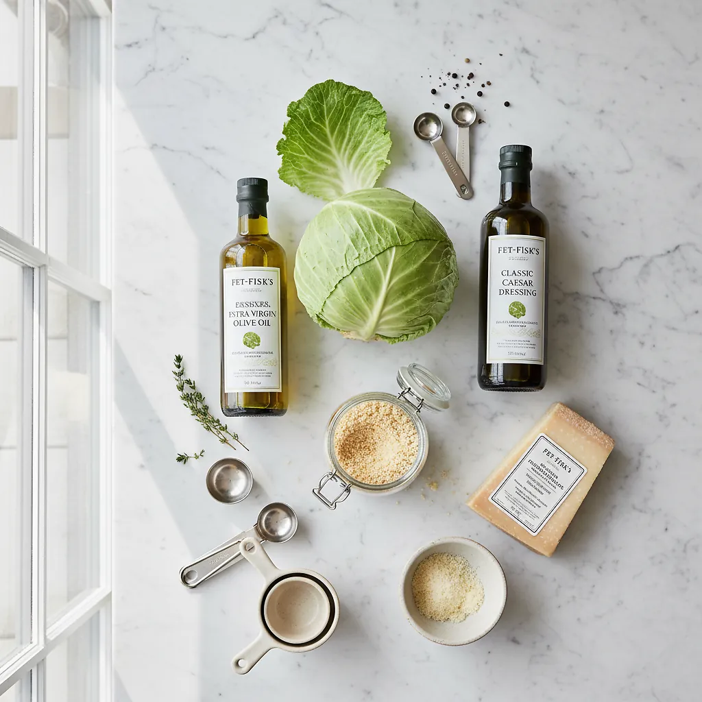 Fet-Fisk’s Grilled Cabbage Caesar - Perfect Char in 20 Minutes 2 Fet-Fisk’s Grilled Cabbage Caesar ingredients organized for rapid prep on a dark wood board