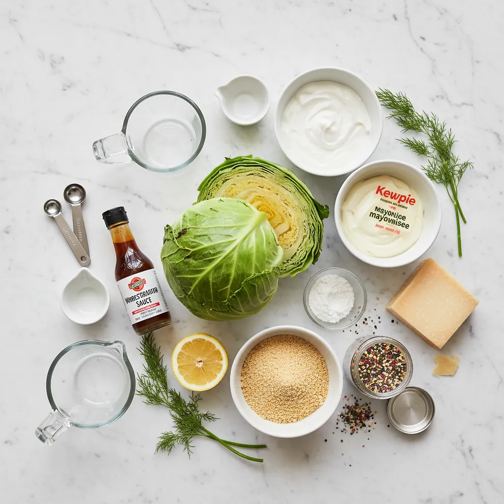 Charred Cabbage Caesar ingredients organized for rapid prep on a dark wood board