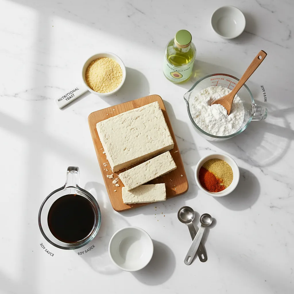 Crispy Air Fryer Tofu ingredients organized for rapid prep on a dark wood board
