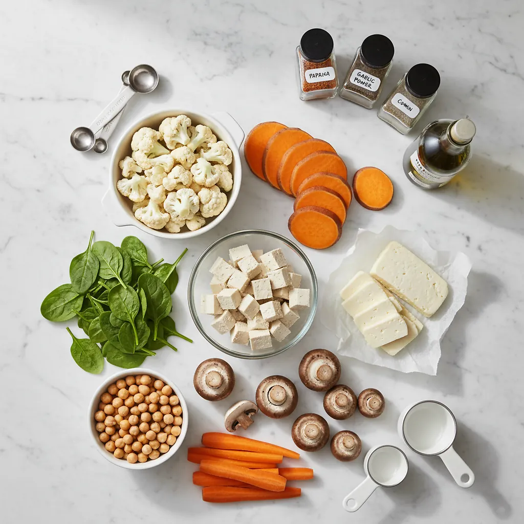 Vegetarian air fryer recipes ingredients organized for rapid prep on a dark wood board