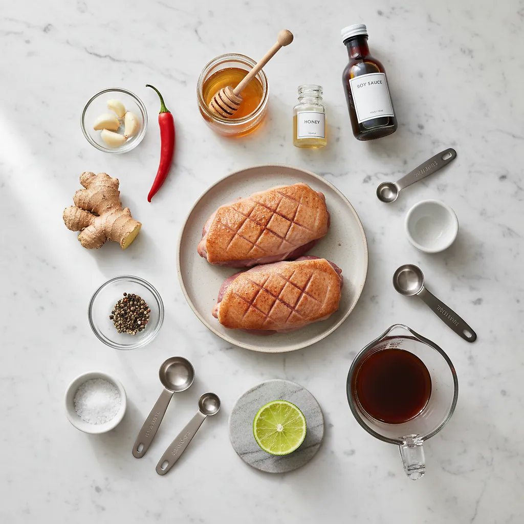 Pan Seared Duck Breast with Honey-Soy glaze ingredients organized for rapid prep on a dark wood board