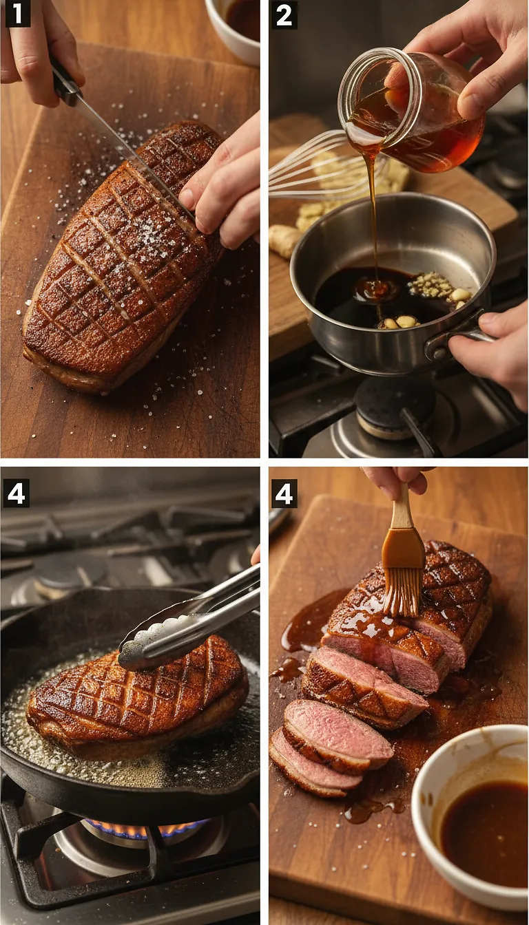 Step-by-Step High Heat Execution for Pan Seared Duck Breast with Honey-Soy glaze