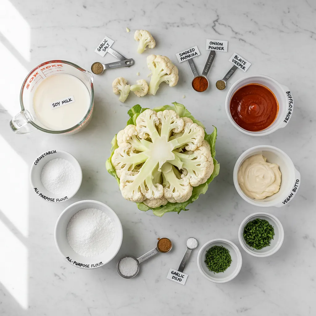 Air Fryer Cauliflower Wings ingredients organized for rapid prep on a dark wood board