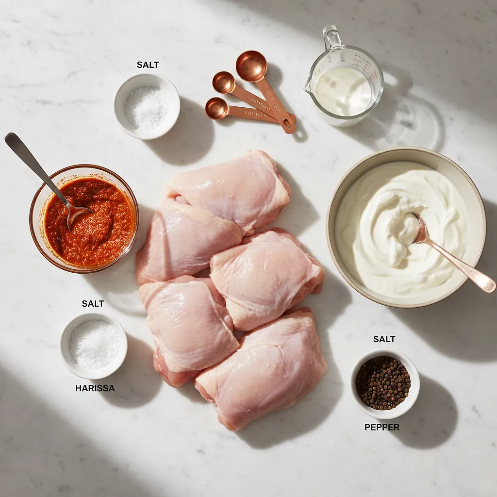 Harissa Grilled Chicken Thighs with Yogurt Dip ingredients organized for rapid prep on a dark wood board