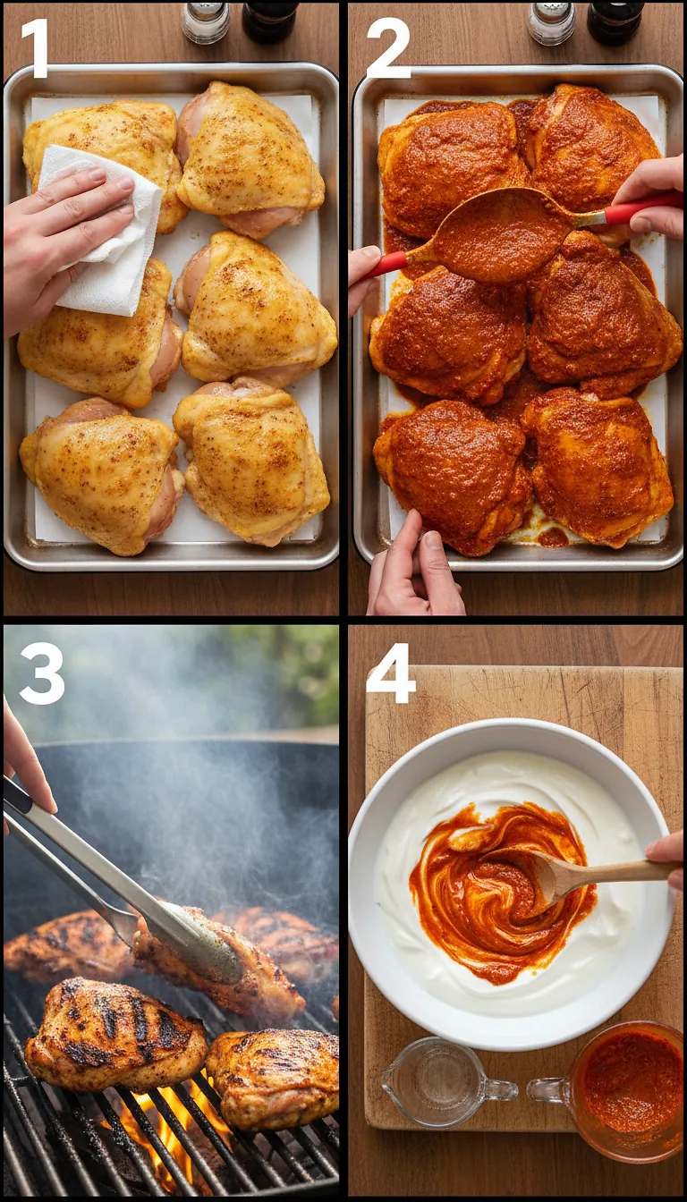 Step-by-Step High Heat Execution for Harissa Grilled Chicken Thighs with Yogurt Dip