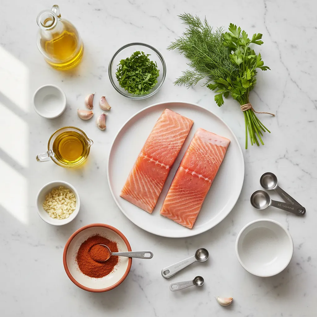 Garlic & Paprika Air Fryer Salmon - Perfect 15-Minute Meal 2 Garlic & Paprika Air Fryer Salmon ingredients organized for rapid prep on a dark wood board