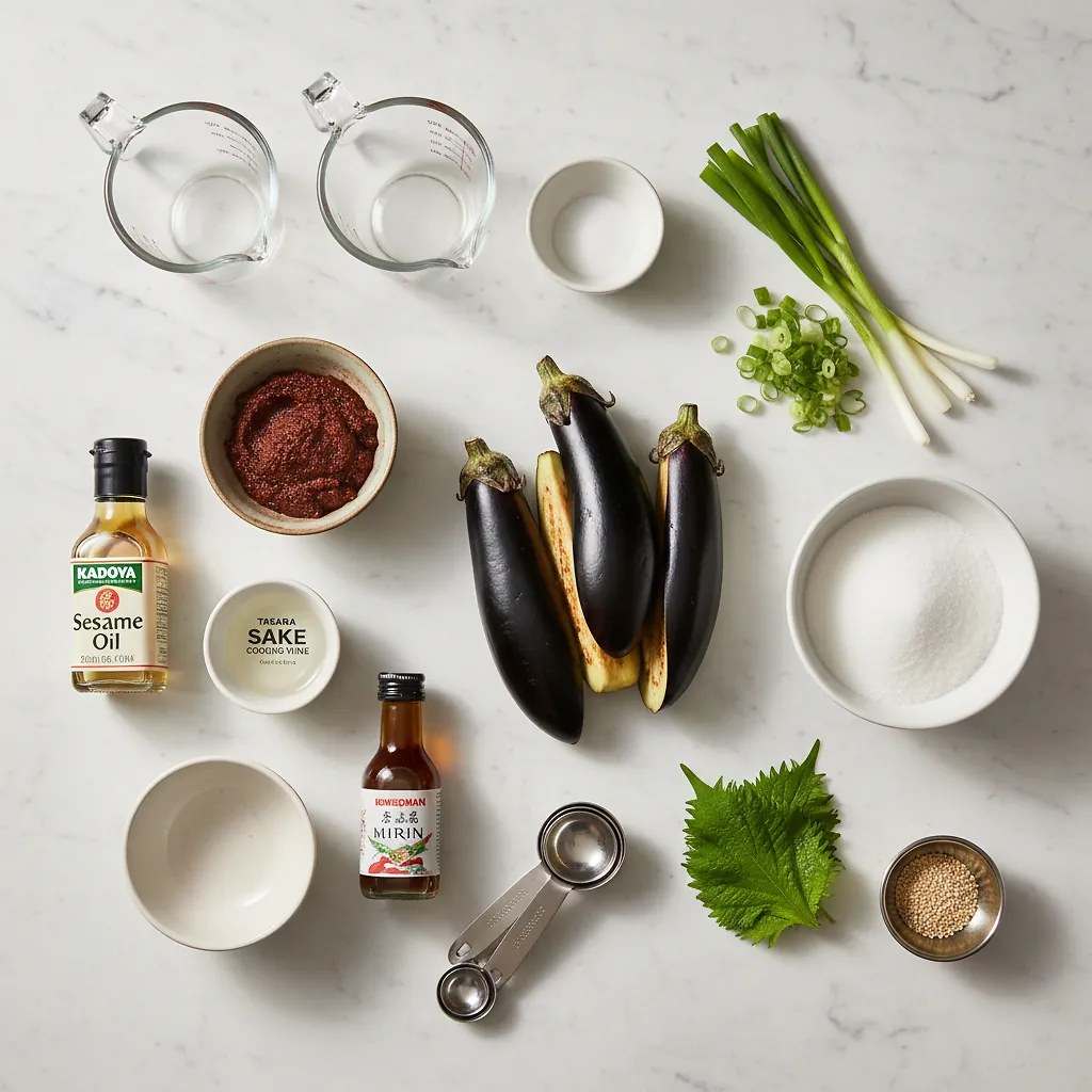 Miso Glazed Eggplant: Perfect 30-Minute High-Heat Vegan Recipe 2 Miso Glazed Eggplant ingredients organized for rapid prep on a dark wood board