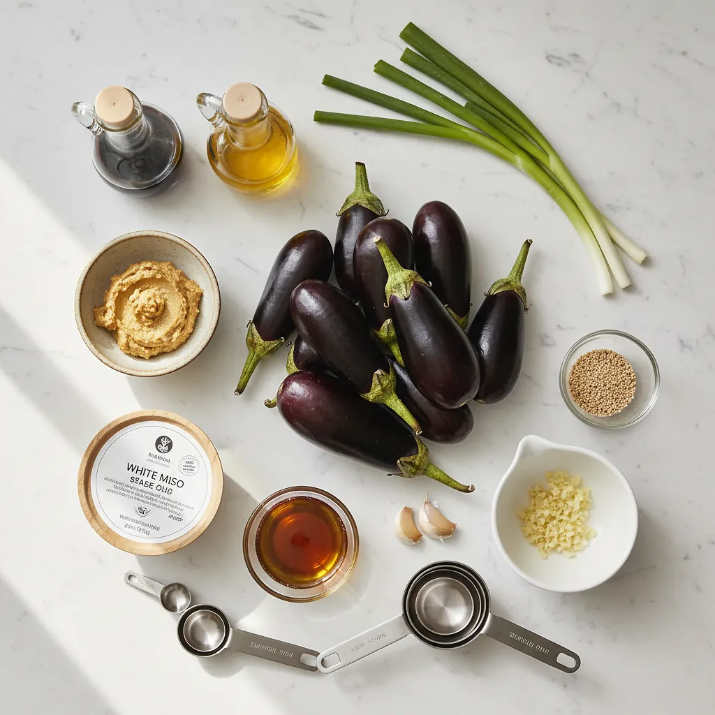 Perfect Air Fryer Miso Eggplant 15-Minute High-Heat Recipe 2 Air Fryer Miso Eggplant ingredients organized for rapid prep on a dark wood board
