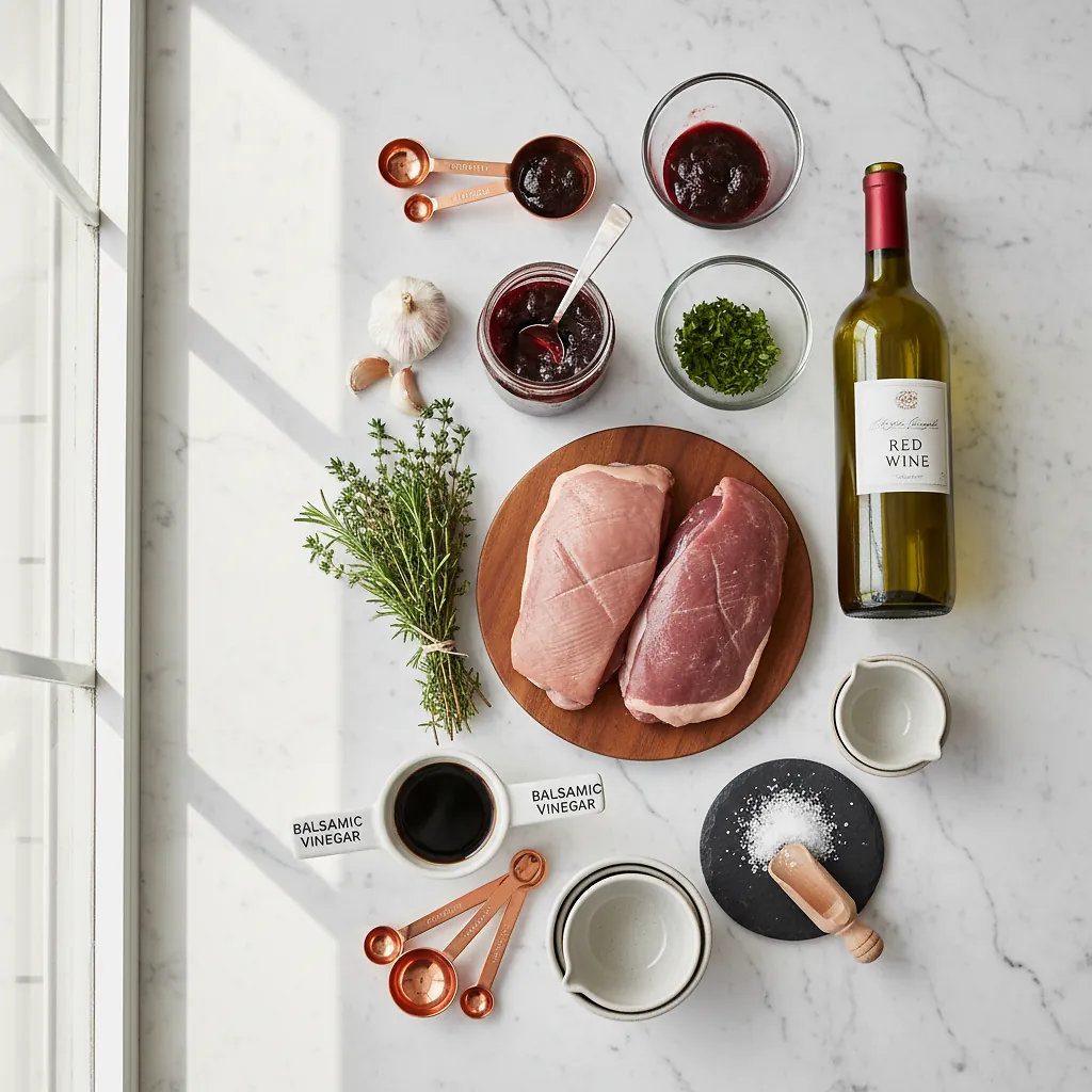 Perfect Pan-Seared Duck Breast with Plum Sauce - 30-Minute Meal 2 Pan-Seared Duck Breast with Plum Sauce ingredients organized for rapid prep on a dark wood board