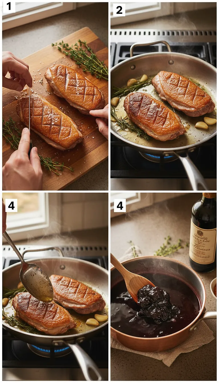 Perfect Pan-Seared Duck Breast with Plum Sauce - 30-Minute Meal 3 Step-by-Step High Heat Execution for Pan-Seared Duck Breast with Plum Sauce