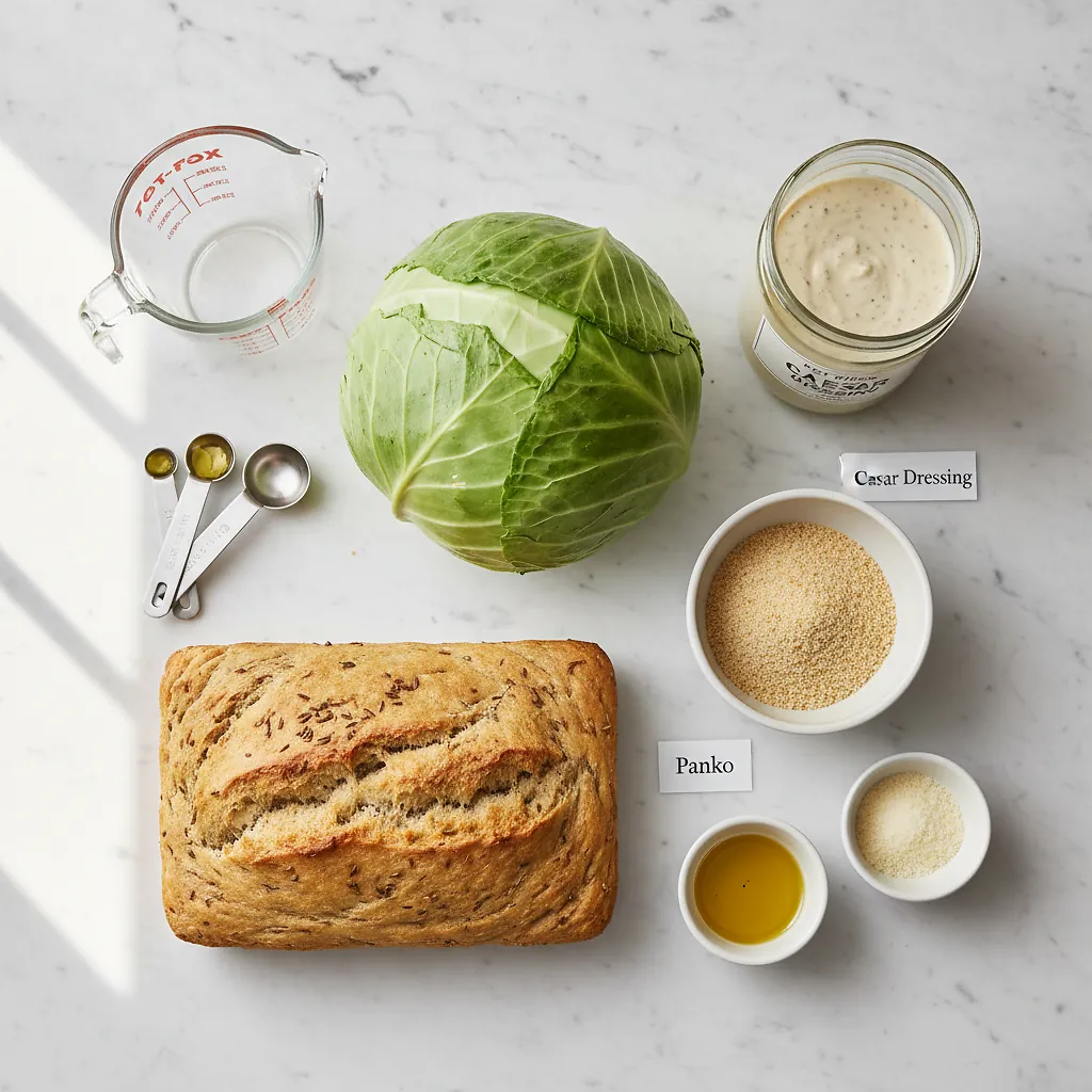 Fet-Fisk’s Grilled Cabbage Caesar Recipe | Bon Appétit 2 Fet-Fisk’s Grilled Cabbage Caesar ingredients organized for rapid prep on a dark wood board