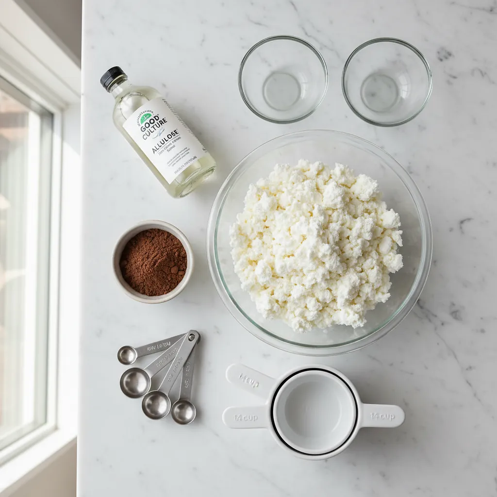 Cottage Cheese Chocolate Mousse - High-Protein 3-Ingredient Dessert 2 Cottage Cheese Chocolate Mousse ingredients organized for rapid prep on a dark wood board