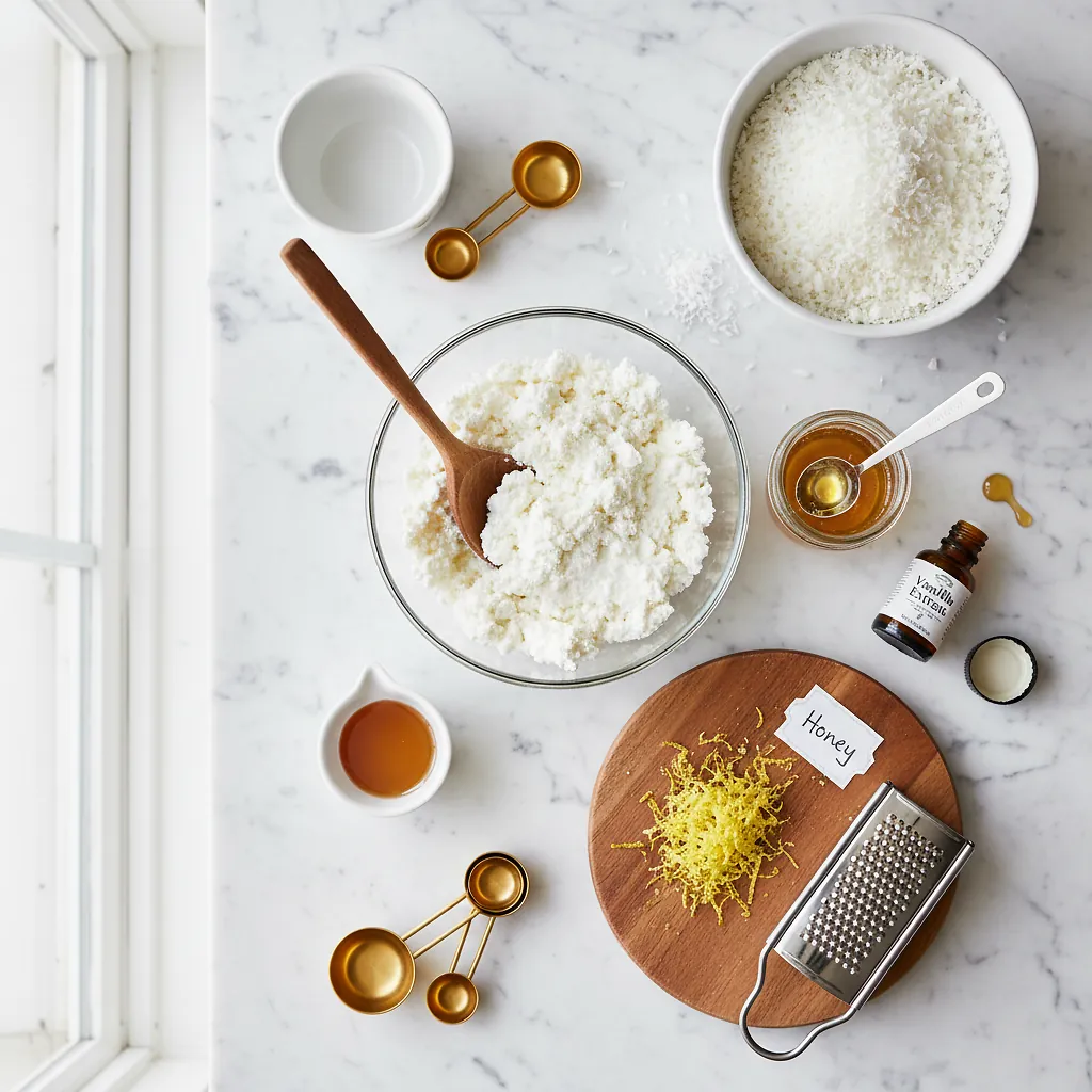 Cottage Cheese Coconut Truffles - No-Bake, High-Protein, Refined Sugar-Free 2 Cottage Cheese Coconut Truffles ingredients organized for rapid prep on a dark wood board