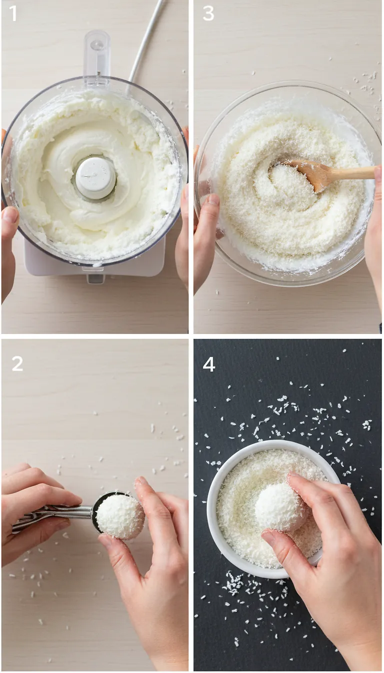 Cottage Cheese Coconut Truffles - No-Bake, High-Protein, Refined Sugar-Free 3 Step-by-Step High Heat Execution for Cottage Cheese Coconut Truffles