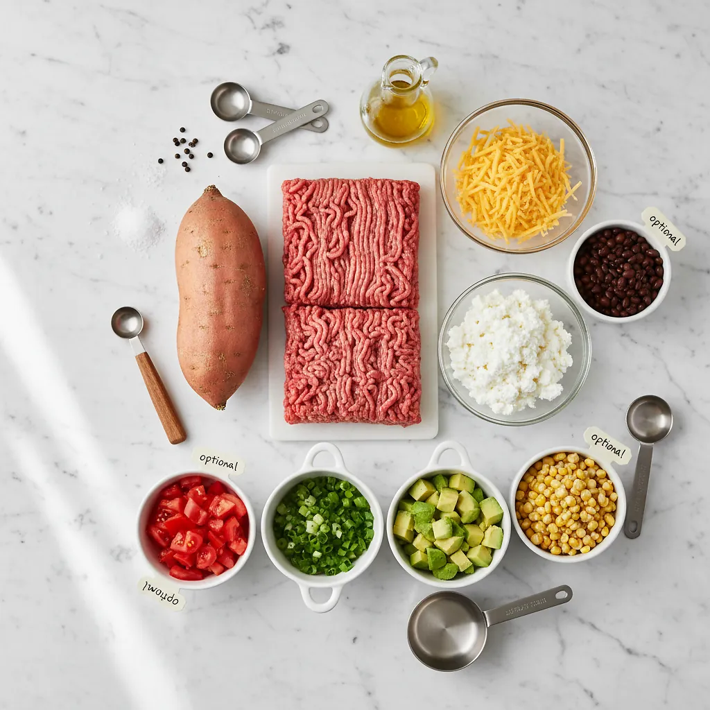 Cottage Cheese Sweet Potato Beef Bowl (Viral TikTok Recipe) ingredients organized for rapid prep on a dark wood board