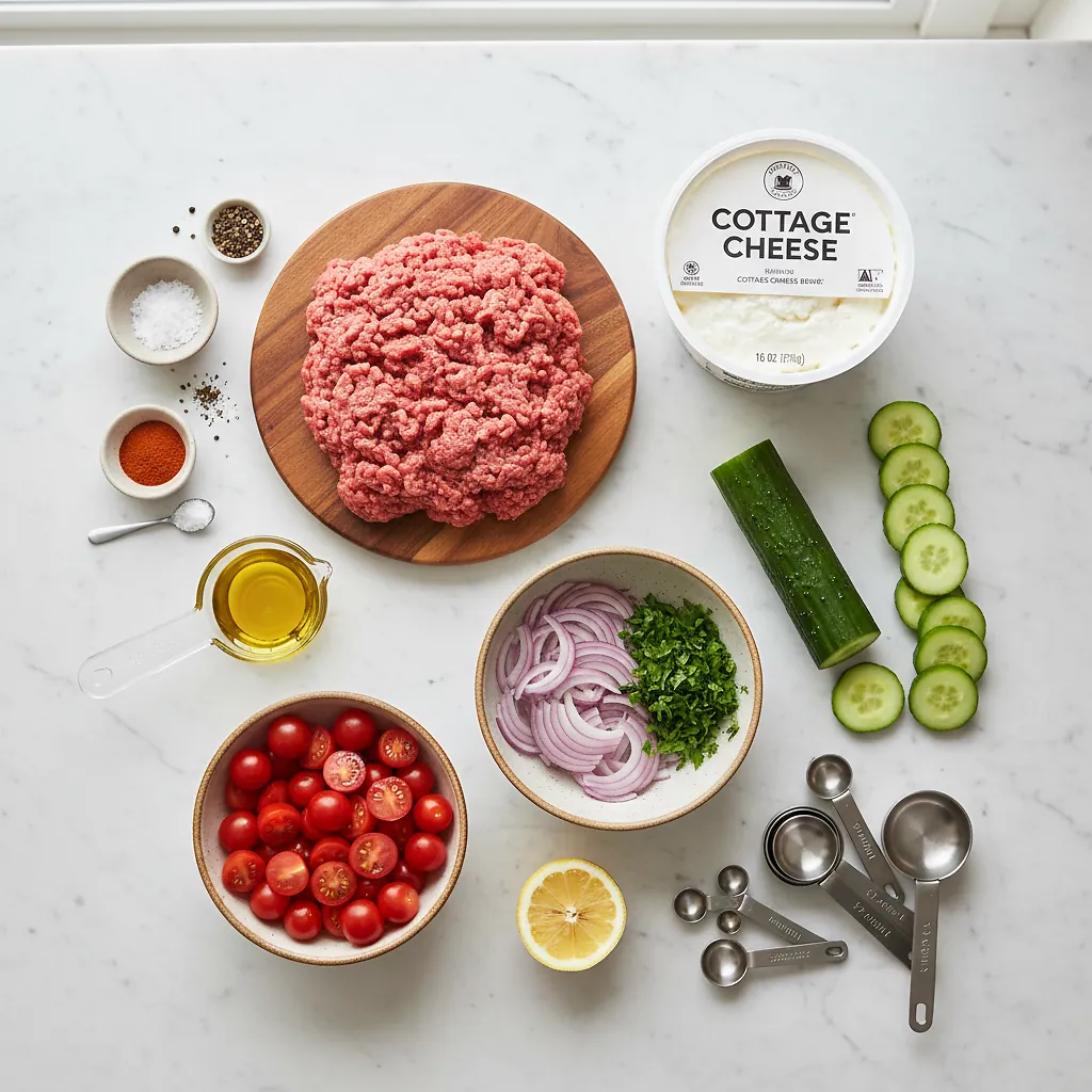 Ground Beef Cottage Cheese Bowls - Viral TikTok Recipe 2 Ground Beef Cottage Cheese Bowls ingredients organized for rapid prep on a dark wood board